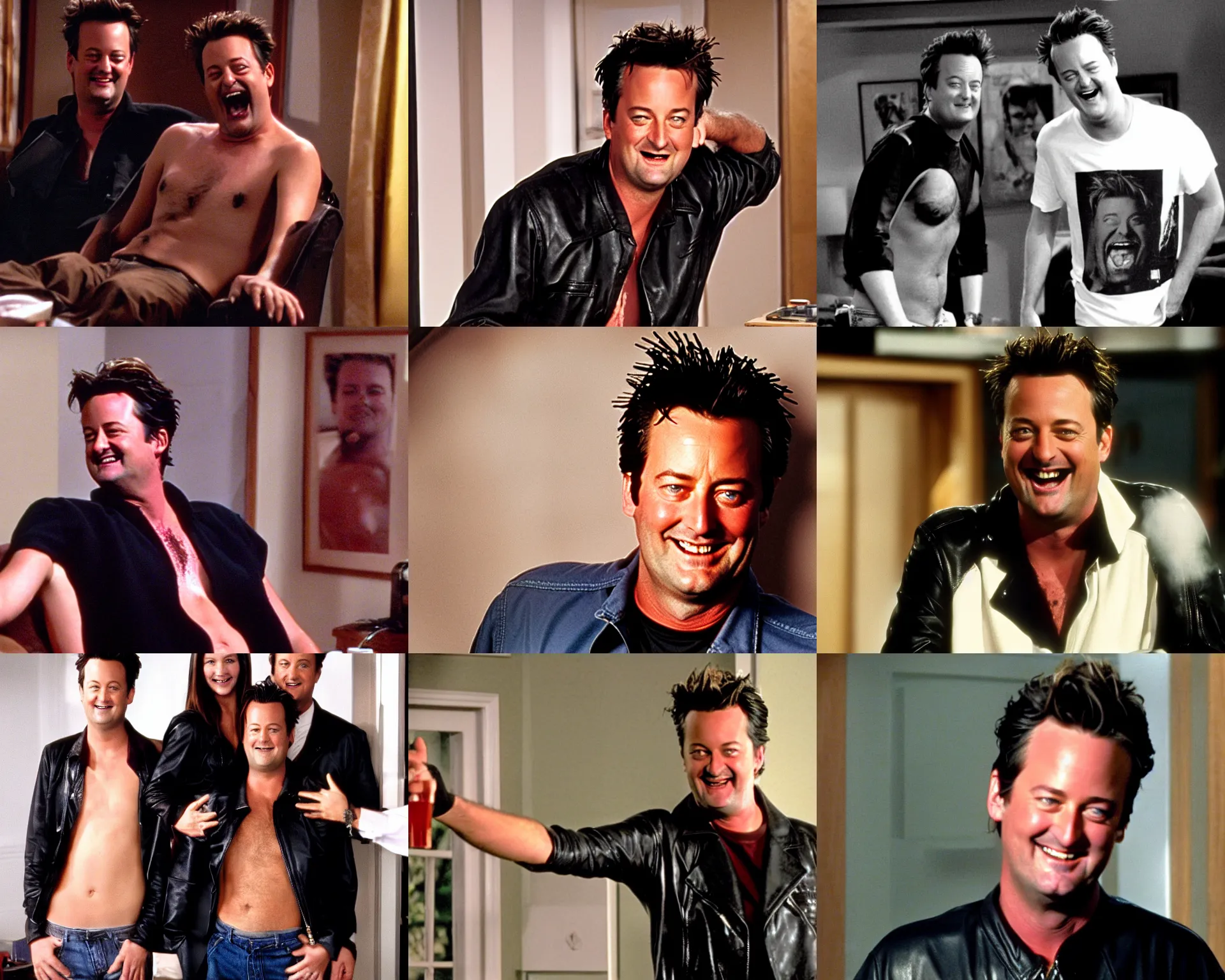 Prompt: matthew perry in his apartment smiling grinning blood on his face and body wearing only a black leather jacket with bare chest exposed, looking at the camera, friends 9 0 s tv show screenshot