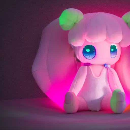 Prompt: cute fumo plush girl who has bioluminescent eyes, jelly glow, refractive bssrdf, neon lens flare, vray