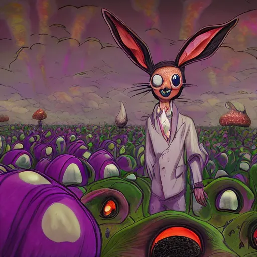 Image similar to 4 k headshot portrait of a psychedelic demonic anthropomorphic bunny rabbit with mushroom themed clothes, magic mushroom village in background. award winning. superb resolution. in the art style of junji ito and greg rutkowski. detailed mushroom city in background. hyper realistic anime. perfect art. dalle 2