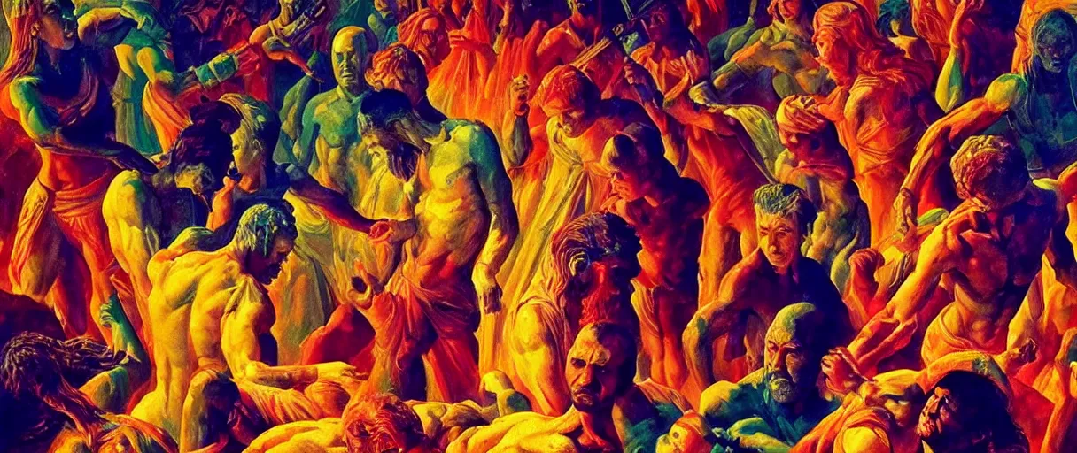 Prompt: Gladiators fighting angels of God turning into colorful wax, high detail, 8k, ornate, masterpiece, complex, haze, film still from the movie directed by Denis Villeneuve with art direction by Pablo Picasso and Greg rutkowski, Alex Gray, wide angle