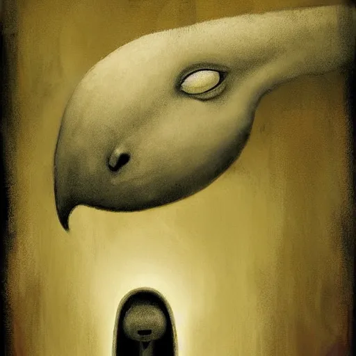 Image similar to A beautiful digital art of of a giant head. The head is bald and has a big nose. The eyes are wide open and have a crazy look. The mouth is open and has sharp teeth. The neck is long and thin. by Catherine Hyde melancholic