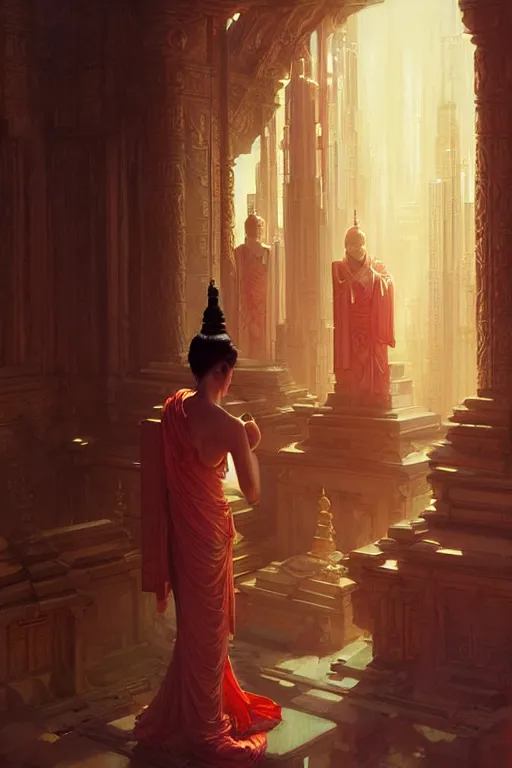 Image similar to temple, cyberpunk, buddhism, painting by greg rutkowski, j. c. leyendecker, artgerm