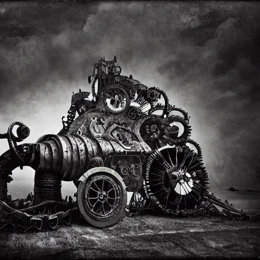 Image similar to dark human pose, steam punk, robot, machine with detailed parts like gear wheels, terrible, scary, bike parts, ominous, organic, desaturated, 8K matte, bad gray and blue lighting, cold norse landscape, abandoned place, epic scene by Emil Melmoth by Gustav Klimt