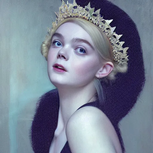 Image similar to Elle Fanning wearing a crown in the style of Paola Vetri, head and shoulders portrait, stormy weather, extremely detailed masterpiece, oil on canvas, low-key neon lighting, artstation, Blade Runner 2049, Roger Deakin’s cinematography, by J. C. Leyendecker and Peter Paul Rubens and Edward Hopper and Michael Sowa,