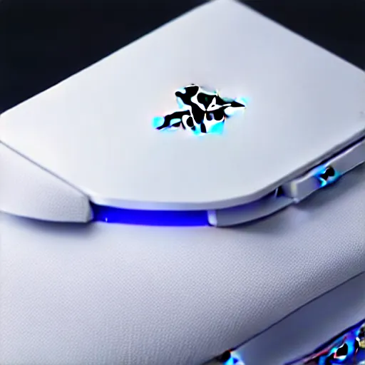 Image similar to professional product photo of a Sony Playstation 5 portable held by Steve Jobs