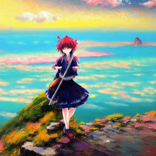 Image similar to Beautiful abstract impressionist painting of Kirisame Marisa from the Touhou project standing on a cliff overlooking the sea, touhou project official artwork, danbooru, oil painting by Antoine Blanchard, wide strokes, pastel colors, soft lighting sold at an auction