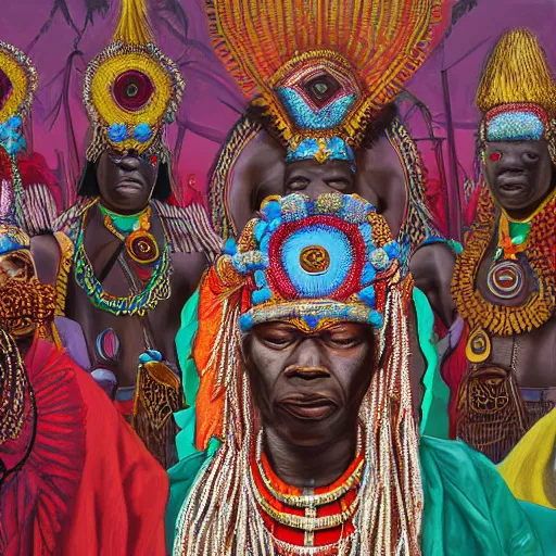 Prompt: highly detailed painting of the oba of benin surrounded by masquerades, fantasy, 8 k, realistic, symmetrical, digital illustration,