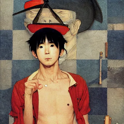 Prompt: A realistic portrait of a young Japanese man using a pirate one piece outfit, art by Norman Rockwell