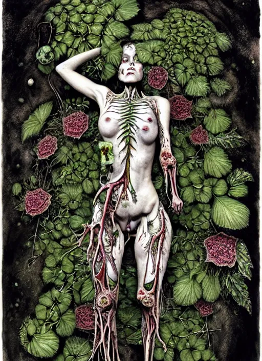 Prompt: beautiful and detailed rotten woman corpse with fractal plants and many different types of flowers growing around, muscles, veins, arteries, intricate, organs, ornate, surreal, john constable, guy denning, dan hillier