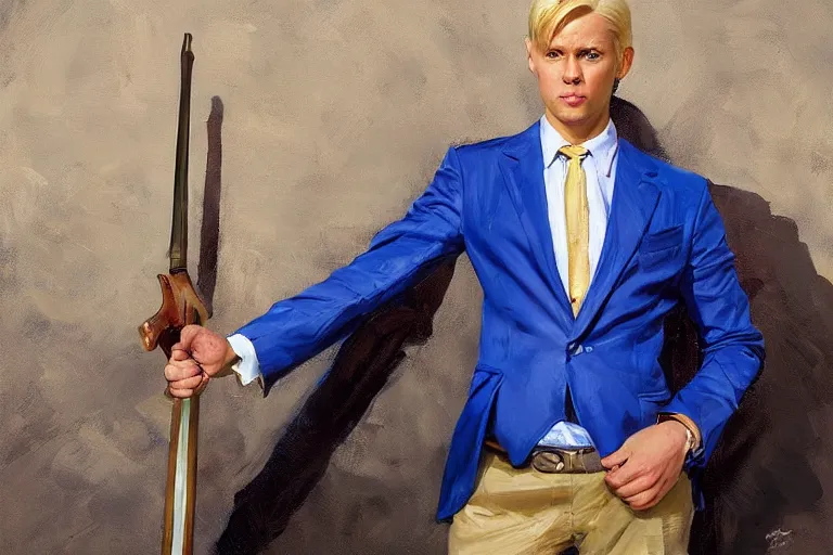 Image similar to greg manchess portrait painting of a blond man in a blue suit with a sword and a pistol, asymmetrical, profile picture, organic painting, sunny day, matte painting, bold shapes, hard edges, street art, trending on artstation, by huang guangjian, gil elvgren, ruan jia, randy vargas, greg rutkowski