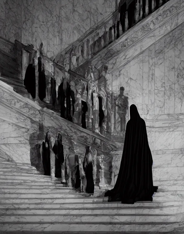 Image similar to several ritualistic figures shrouded in a long trailing dark black opaque gown, descending in tandem down a giant marble staircase in a dark room, photorealism, hyperrealism, harsh lighting, dramatic lighting, medium shot, serious, gloomy, foreboding, cinematic, creepy