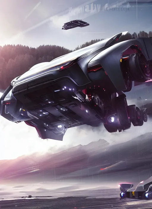 Image similar to a futuristic dieselpunk tesla cyber truck vehicle hover craft in the future of 2 0 8 9 futuristic version, cyberpunk look. digital art. trending on artstation. cyberpunk look hovering by mount fuji early in the morning with a few blossom trees around, high quality photo