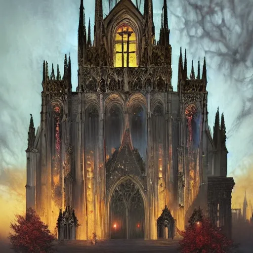 Image similar to Hyperrealistic Count Dracula playing a Gibson electric guitar in front of a gothic cathedral, by Antonio Caparo, Ferdinand Knab, Greg Rutkowski, Amano, and Karol Bak UHD, vivid colors, photorealistic trending on artstation