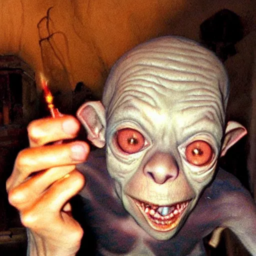 Image similar to gollum with cigarette selfie