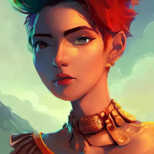 Image similar to beautiful woman with short green hair, portrait, maya ali mage, gloomhaven, dynamic lighting, gaudy colors, octane render aesthetic, matte painting concept art, official fanart behance hd artstation by jesper ejsing, by rhads and makoto shinkai and lois van baarle and ilya kuvshinov and rossdraws