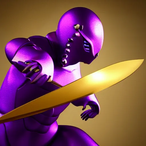 Image similar to gold knight fighting purple cougar, 3d render, honorable, cinematic, sharp