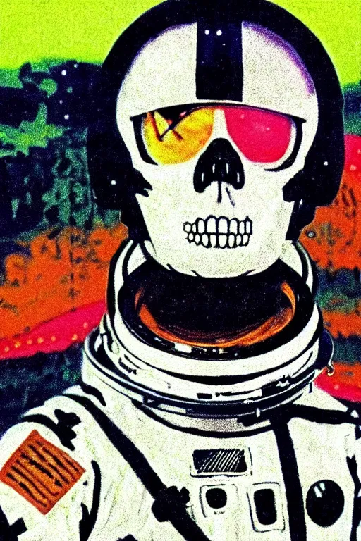 Image similar to astronaut with neon glowing skull 1 9 6 0 s color _ bleed _ video compression video glitch vhs footage akira kurosawa mamoru oshii wes anderson