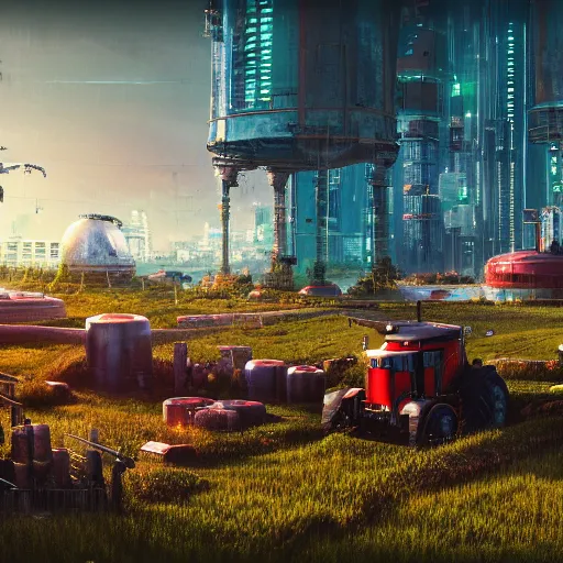 Prompt: fully detailed landscape of a cyberpunk farm , watertank, futuristic tractors, farmhouse, mushroom, overgrowth, Ai , Bots , drones , cinematic lightening, in the future, high quality, 8k , octane render, trending on artstation , greg rutowski