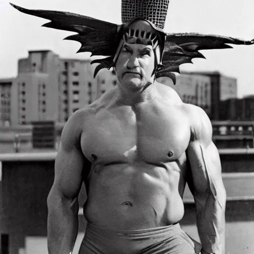 Image similar to ripped physique winged man Norm MacDonald disguised as a mothra whilst wearing a traffic cone hat jack kirby