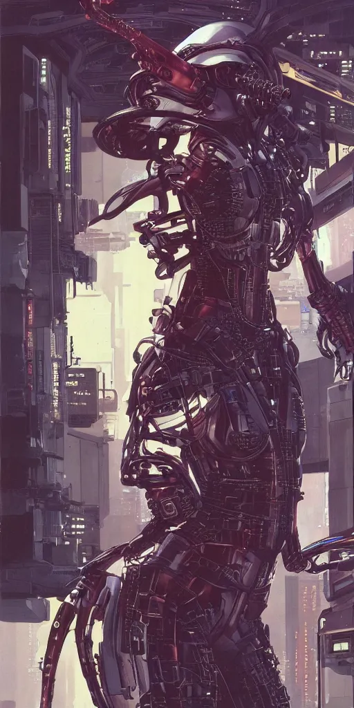 Image similar to a epic female nurse in cyberpunk powered suit, super complex and instruct, epic stunning atmosphere, hi - tech synthetic rna bioweapon nanotech demonic monster horror by syd mead, michael whelan, jean leon gerome, junji ito