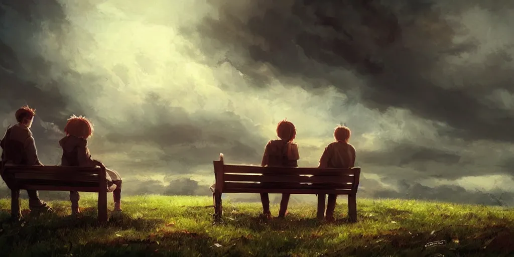 Image similar to a family with sorrow faces sitting on a bench, dramatic sky, close up shot, anime art, Greg Rutkowski, dramatic lighting