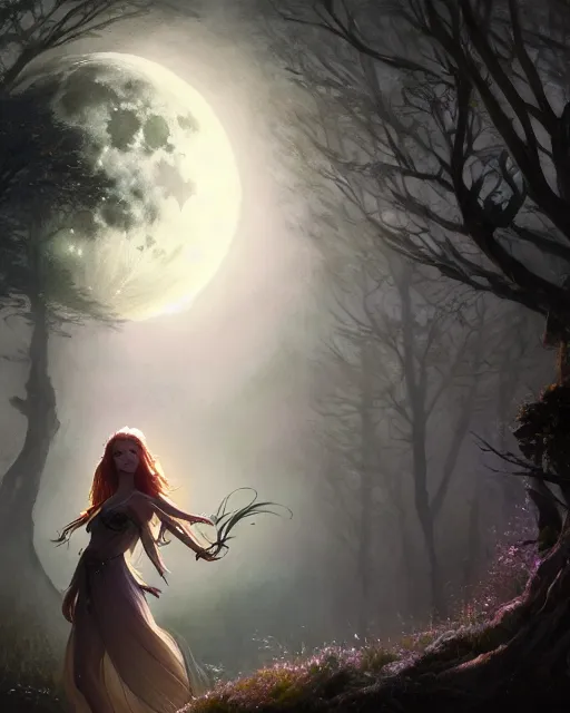 Image similar to attractive fairy goddness fly high in the night, d & d, fantasy, mist, full moon in background, trees, hyper detailed, art by artgerm and greg rutkowski and magali villeneuve, midium shot, 8 k realistic, cryengine, digital painting, trending on artstation, concept art, sharp focus, illustration,