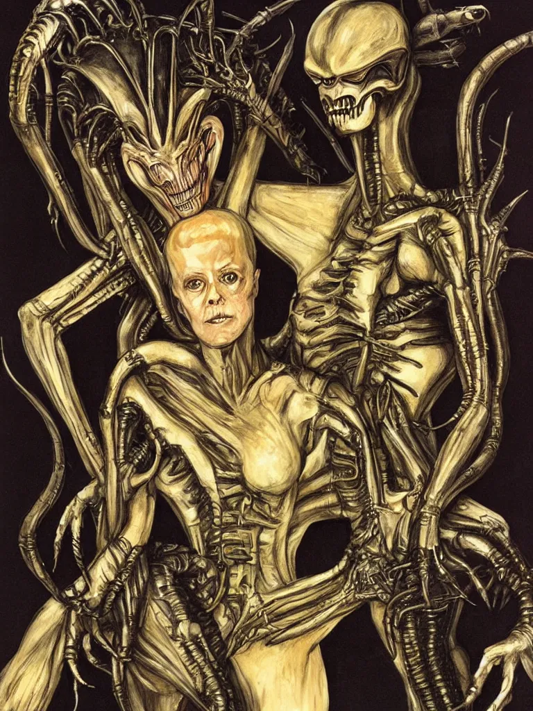 Image similar to sigourney weaver with a xenomorph alien queen by h. r. giger