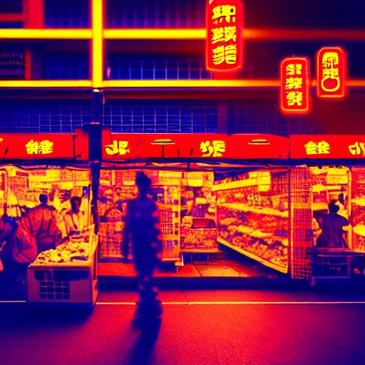 Prompt: japanese market in cyberpunk style with droids, bright neon signs, sunny weather, rendered in octane 4 k, dramatic moody lighting
