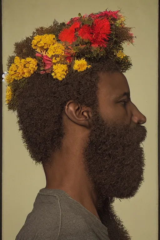 Image similar to an African American man's face in profile, long beard, made of flowers and fruit, in the style of the Dutch masters and Gregory crewdson, dark and moody