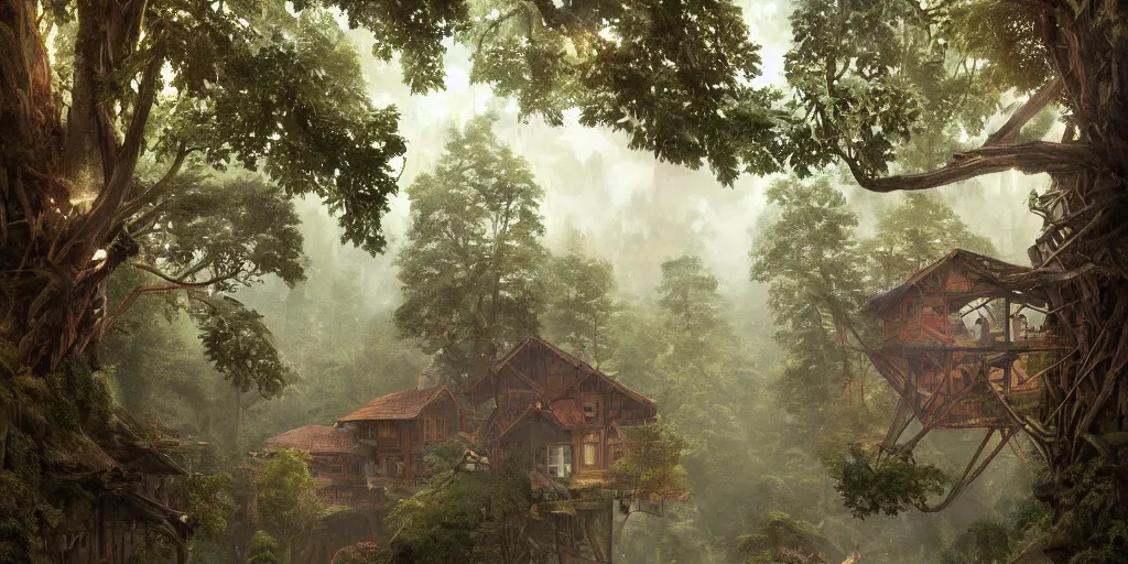 Image similar to a suspended village built with wood and bridges high up a dense temperate forest with many giant tall and large trees, ultra detailed, intricate, elegant, diffuse lighting, digital painting, concept art, game art, matte painting, artstation, 8 k, greg rutkwowski, alphonse mucha, studio ghibli, wlop