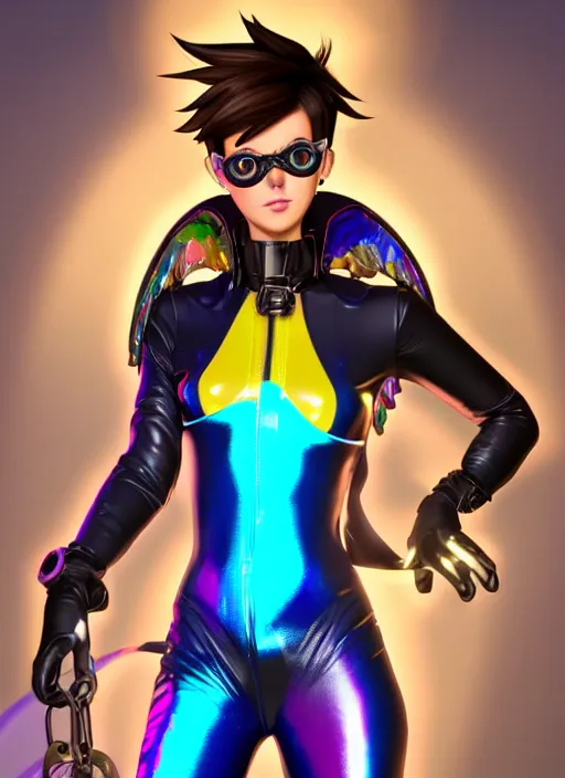 Image similar to portrait bust digital artwork of tracer overwatch, wearing iridescent rainbow latex and leather straps catsuit outfit, 4 k, expressive happy face, makeup, in style of mark arian, angel wings, wearing detailed leather collar, chains, black leather harness, detailed face and eyes,
