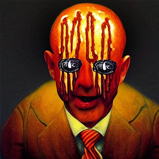 Prompt: Jeff Bezos as a burger in the style of Beksinski