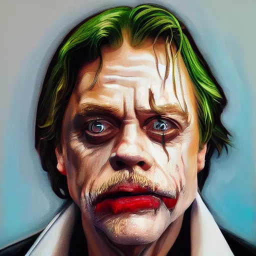 Image similar to oil painting portrait of mark hamill. the joker, jeri robes. artgerm, artstation, highly detailed, portrait