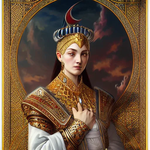 Image similar to portrait of ottoman sultan gog, female, clear face, symetrical, masculine, full body, 4 k, fantasy, intricate, elegant, highly detailed, digital painting, artstation, concept art, matte, sharp focus, illustration, art by artgerm and greg rutkowski and alphonse mucha