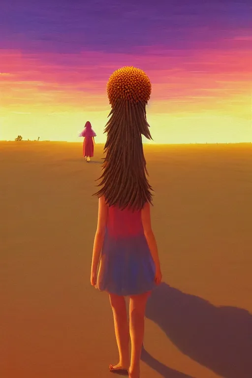 Image similar to giant corn flower head, girl walking in the desert, surreal photography, sunrise, dramatic light, impressionist painting, colorful clouds, digital painting, artstation, simon stalenhag