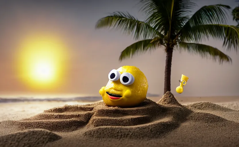 Image similar to 5 0 mm photograph, of a real anthropomorphic lemon character, with lemon skin texture, it is wearing a hat and scuba diving, building a sandcastle on the beach at sunset, beach, huge waves, sun, clouds, tropical trees, rim light, cinematic photography, professional, sand, sandcastle, volumetric lightening