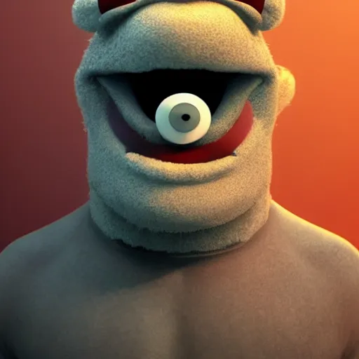 Image similar to a still of a forgotten muppet character looking very manly and modern, hilarious, laughing, hairy chest, huge chin, manly monster tough guy, roughled fur, photo real, photographic, photograph, artstation, trending, featured