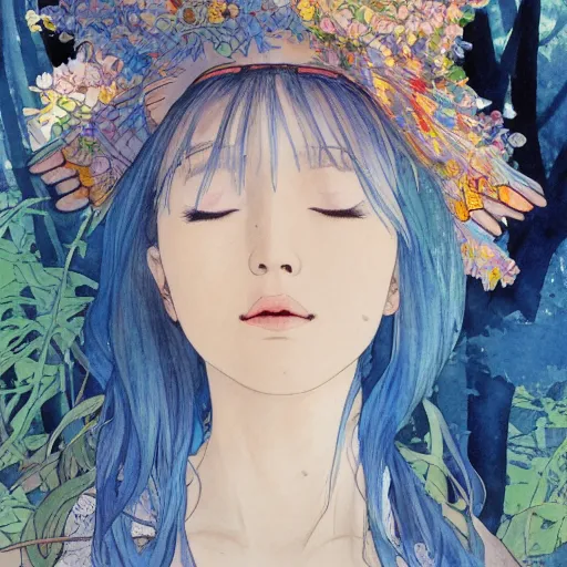 Prompt: side view a beautiful and inspiring intricate watercolor illustration artwork bright blue hair japanese beautiful sweet girl in the forest, feeling the nature, eyes closed, 4 k, ultra - wide angle, by william turner, by victo ngai, by alphonse mucha, by miho hirano, hd, trending on artstation, hyper detailed, muted colors, inspiring, beautiful, energetic