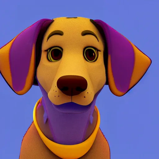 Image similar to a beautiful 3d render of a purple dog in a disney movie, in the style of disney, pixar, mixed media collage, highly detailed, 8k resolution