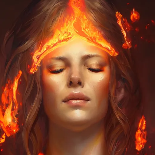 Prompt: a beautiful portrait of a fire goddess with closed eyes, flaming background, a detailed painting by greg rutkowski and raymond swanland, featured on cgsociety, fantasy art, detailed painting, artstation hd, photorealistic