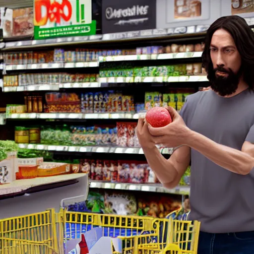 Prompt: mid shot of an realistic jesus buying groceries at the store, shot by amanda carlson and alex strelkovv, professional photo, masterpiece, very detailed, hyper - realistic, unreal engine, straight face, cinematic, 4 k