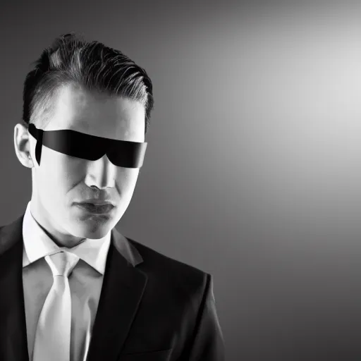 Prompt: photograph of a modern business man in a suit, censor bar over his eye, face closeup, strong shadows, monochrome