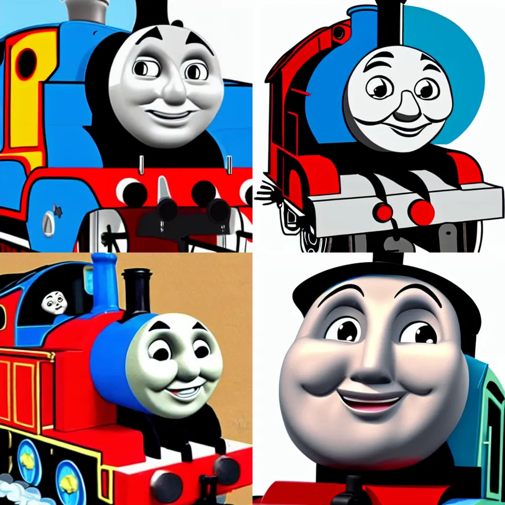 Prompt: Thomas the tank engine with the face of Gary Busey, in the style of cartoon animation, steamboat willy