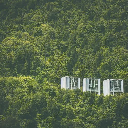 Image similar to sci fi nuclear containment buildings in a steep sided valley with trees and small office buildings, a sense of hope and optimism, birds overhead, stark light, day time, unsplash, national geographic, hd, high res