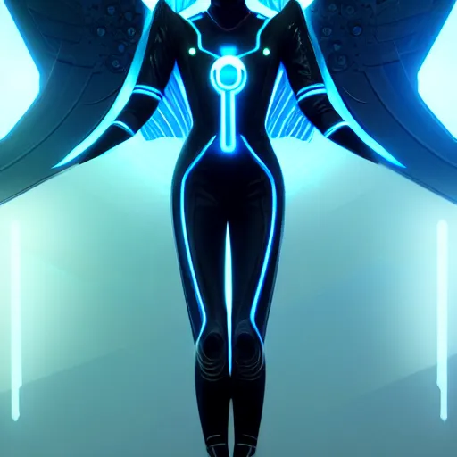 Image similar to tron legacy angel, diffuse lighting, hyper realistic, concept art, intricate, hyper detailed, smooth, sharp focus, illustration, trending on artstation, art by greg rutkowski and james gurney and alphonse mucha