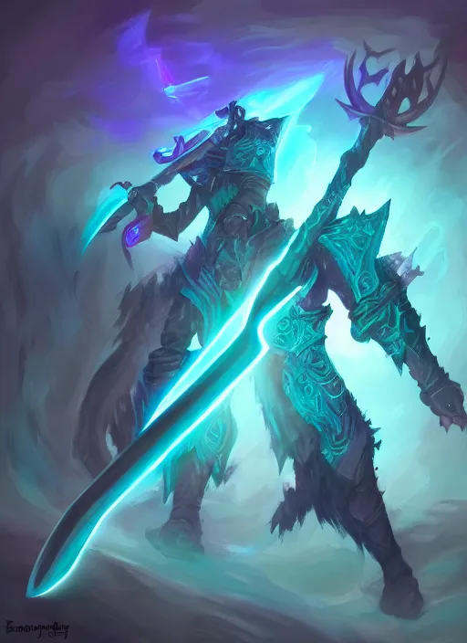 Image similar to Glowing D&D Battleaxe emanating teal energy, highly detailed, digital painting, 8k, HD