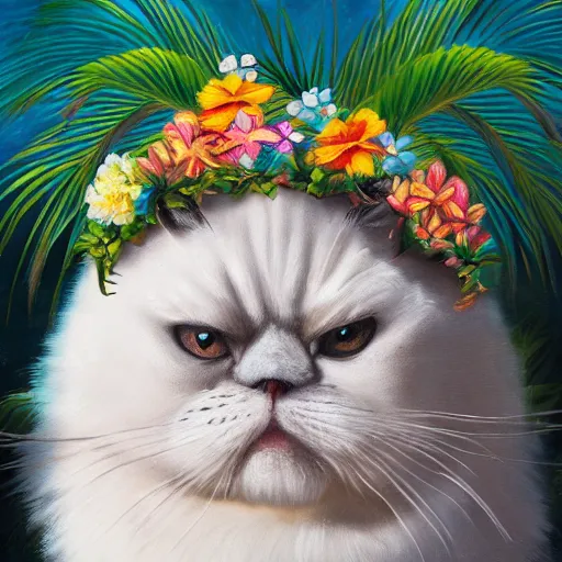 Image similar to anthropomorphic fluffy himalayan cat wearing hawaiian lei and flower crown, with palm tree background, detailed 4 k oil painting