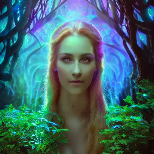 Image similar to Photorealistic elvish goddess in a magical bioluminescent forest Hyperdetailed photorealism, 108 megapixels, amazing depth, glowing rich colors, powerful imagery, psychedelic Overtones, 3D finalrender, 3d shading, cinematic lighting, artstation concept art