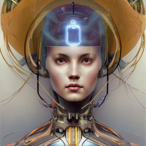 Image similar to portrait of a beautiful female android, coy, circuitry visible in head, in the style of ex machina, karol bak, alphonse mucha, greg rutkowski, award winning, hr giger, artstation
