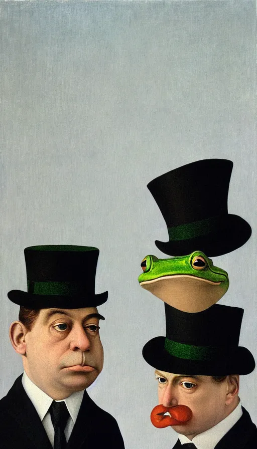 Prompt: couple of frogs wearing top hat by René Magritte, detailed, 4k